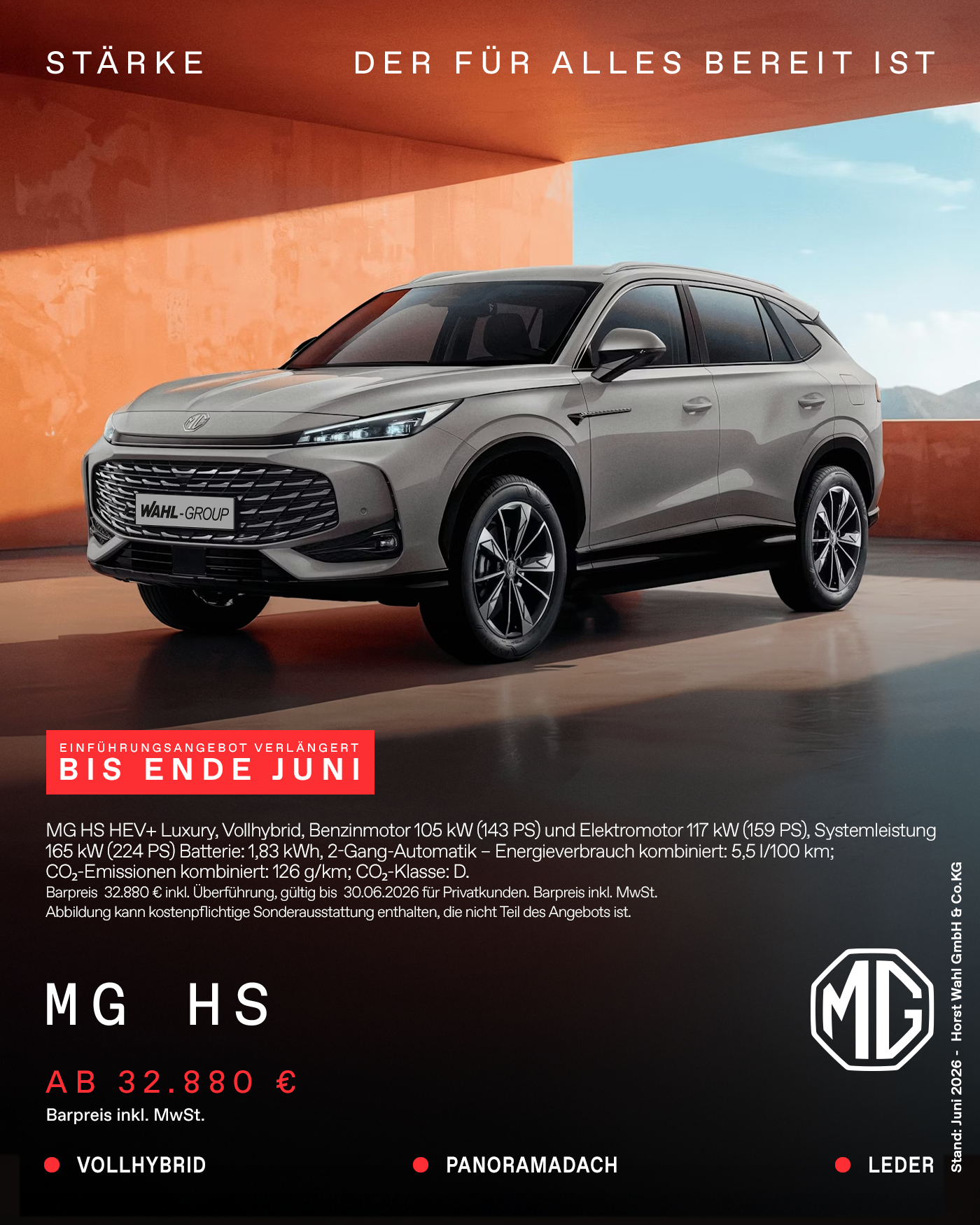MG HS Hybrid+ Luxury – Barpreisangebot Privatkunden ab 32.880 EUR bei Autohaus Wahl